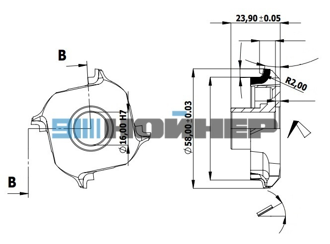 Фрезы для снятия свесов DIA D58 B30,2 d16 Z4 R2 SCM чертеж